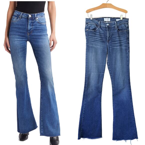 FRAME Le High Flare Jeans Size 29 Medium Wash Whiskering Raw Hem Stretchy - Picture 1 of 12